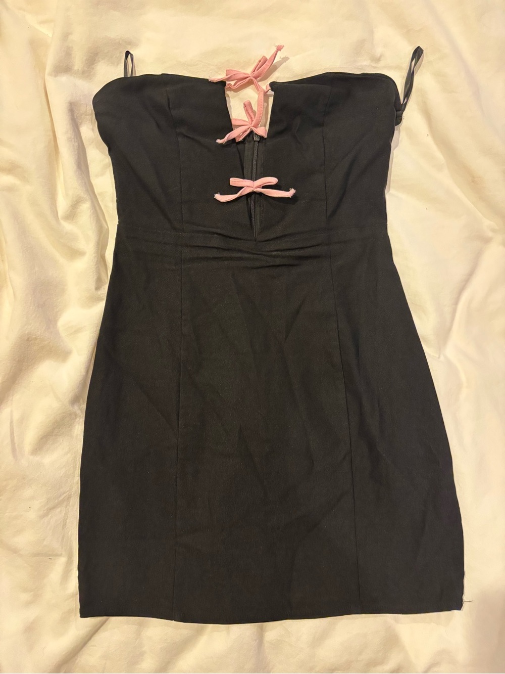 Motel Rocks Black Strapless Mini Dress with Pink Bow Details